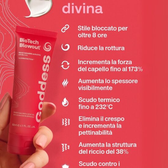 Goddess BioTech Blowout™ – maschera leave-in con tecnologia BIOPROTECTION™, flacone da 300 ml per uso professionale e formato da 50 ml retail, protegge e rinforza i capelli dall’interno verso l’esterno, anti-crespo e difesa calore fino a 232°C